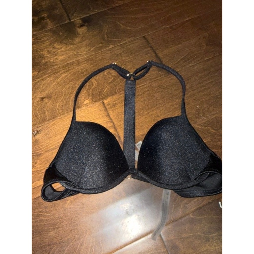 Victoria's Secret Bombshell Rhinestone Logo T-Back Push-Up Bra Black 32C